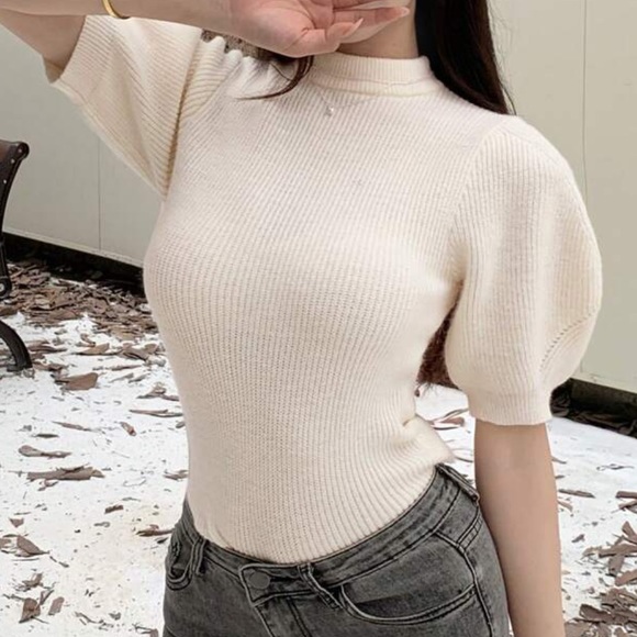 Puff Sleeve / short sleeve mock neck Knit sweater Top — stretchy material - Picture 2 of 5